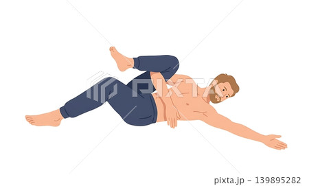Caucasian Male Stretching in Thread the Needle Pose Flat Vector 139895282