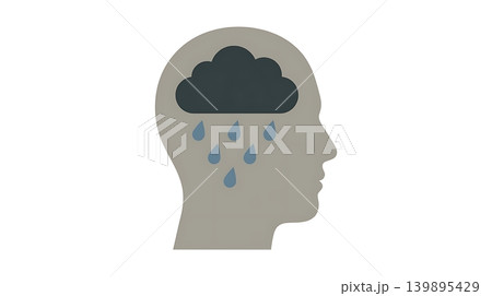 Depressive State Grey Head with Dark Raincloud and Raindrops 139895429