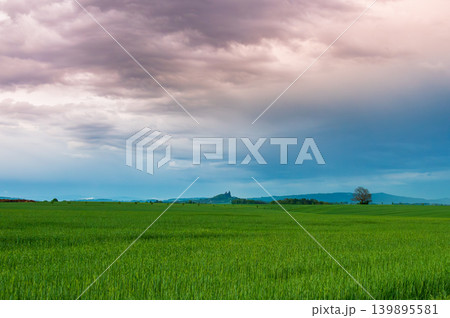 Dramatic sunset panorama of Cesky Raj landscape in Czech Republic with Trosky castle ruins on volcanic rocks beneath storm clouds glowing with sunset colors 139895581