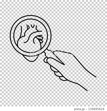 A line icon of a hand holding a magnifying glass, and a heart. A line icon of a hand holding a magnifying glass, and a heart. 139895628
