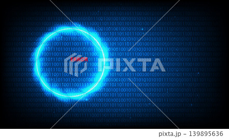 A glowing neon circle portal over a digital binary code background featuring a red error message 139895636