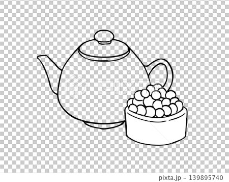 A simple line art illustration of a tea time scene, combining a teapot and sweets. A simple line art illustration of a tea time scene, combining a teapot and sweets. 139895740