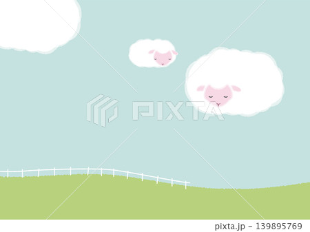空で眠る親子の羊と雲。空と牧場のイラスト。 空で眠る親子の羊と雲。空と牧場のイラスト。 139895769