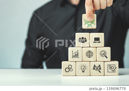 Assembled wooden cubes on the topic of the application of artificial intelligence in business 139896778