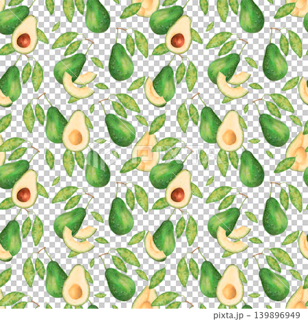 Seamless pattern with avocado fruit, leaves, slices. Watercolor illustration. Hand drawn isolated background. Botanical art for wallpaper, printing on fabric, paper, juice packaging, food products Seamless pattern with avocado fruit, leaves, slices. Watercolor illustration. Hand drawn isolated background. Botanical art for wallpaper, printing on fabric, paper, juice packaging, food products 139896949