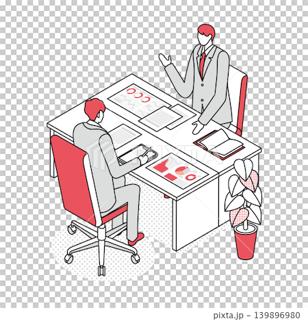 デスクで打ち合わせするビジネスマン2人_資料確認とプレゼン_レッド デスクで打ち合わせするビジネスマン2人_資料確認とプレゼン_レッド 139896980