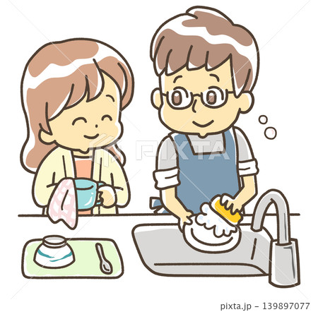 男性と女性が楽しそうに食器を洗っている 139897077