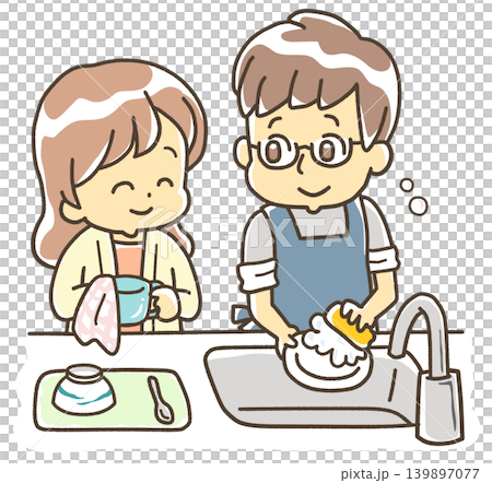 男性と女性が楽しそうに食器を洗っている 139897077