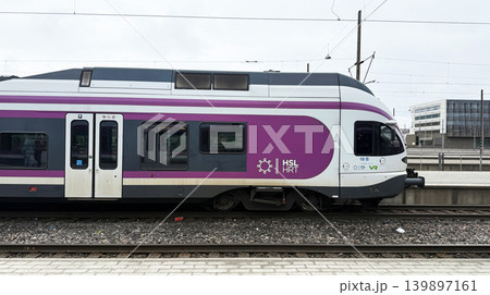 HELSINKI, FINLAND APRIL 14, 2026: HSL commuter train at railway station in Helsinki, Finland HELSINKI, FINLAND APRIL 14, 2026: HSL commuter train at railway station in Helsinki, Finland 139897161