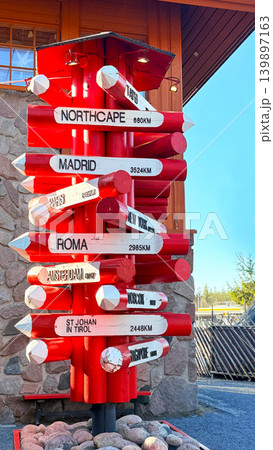 ROVANIEMI, FINLAND APRIL 12, 2026: Direction signpost at Santa Claus Village in Rovaniemi, Lapland, Finland 139897163