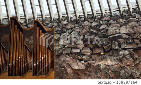 HELSINKI, FINLAND APRIL 6, 2026: Temppeliaukio rock church Interior Architecture music instrument details inside in Helsinki Finland HELSINKI, FINLAND APRIL 6, 2026: Temppeliaukio rock church Interior Architecture music instrument details inside in Helsinki Finland 139897164