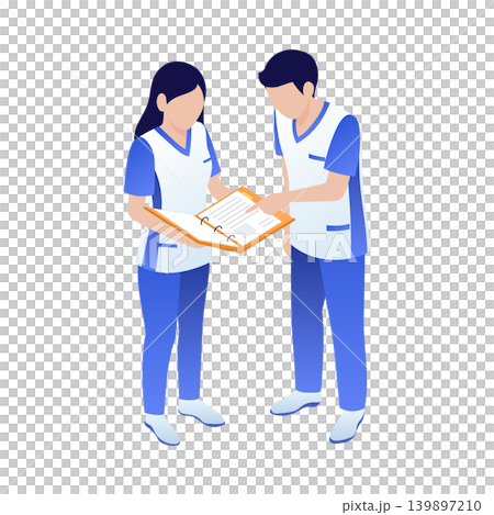 等距分析 | 一對男女護理員和護士一邊查看文件一邊討論。 等距分析 | 一對男女護理員和護士一邊查看文件一邊討論。 139897210
