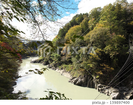紅葉に囲まれた天竜川 139897400