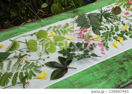 Hand-dyed striped fabric designs using eco-printing techniques, using leaves and flowers as backgrounds and abstract seamless textures. Hand-dyed striped fabric designs using eco-printing techniques, using leaves and flowers as backgrounds and abstract seamless textures. 139897483