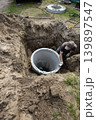 A worker digs and prepares to place a large concrete pipe into a trench at a construction site. The sun shines in the afternoon as the soil is dug up 139897547