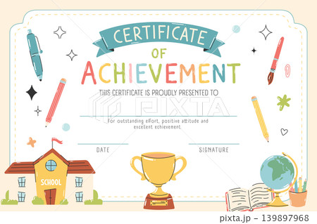 Certificate of achievement template with trophy in doodle style 139897968