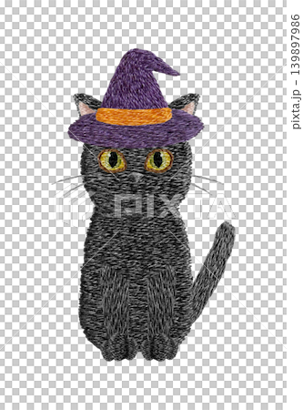 【戴帽子的黑貓】手工刺繡插畫素材 139897986