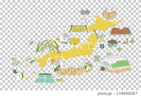 A set of illustrations depicting a year in the life cycle of rice cultivation in Japan. A set of illustrations depicting a year in the life cycle of rice cultivation in Japan. 139898087