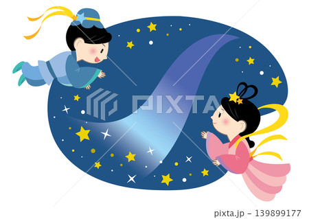 七夕の再会を喜ぶ織姫と彦星　タイトル　見出し	 139899177