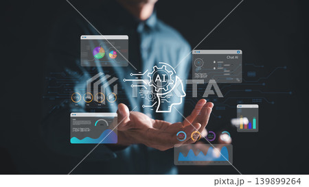 AI Chatbot smart technology integrates artificial intelligence, robot assistant manages complex data visualization using automated chat commands and interactive prompts for analytics AI Chatbot smart technology integrates artificial intelligence, robot assistant manages complex data visualization using automated chat commands and interactive prompts for analytics 139899264