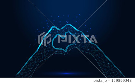 Low poly wireframe hands forming heart shape on dark blue background. 139899348