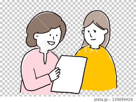 紙を持ちながら笑顔で話す2人の女性 紙を持ちながら笑顔で話す2人の女性 139899429