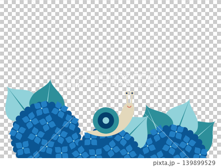 雨季插畫中，一隻可愛的蝸牛趴在繡球花上。 139899529