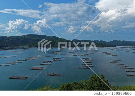 岡山県瀬戸内市邑久町虫明湾に広がる牡蠣筏を俯瞰した空撮写真 岡山県瀬戸内市邑久町虫明湾に広がる牡蠣筏を俯瞰した空撮写真 139899660
