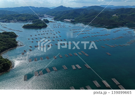 岡山県瀬戸内市邑久町虫明の牡蠣筏が広がる湾を俯瞰した空撮写真 139899665