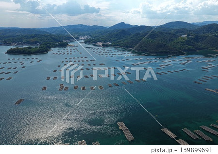 岡山県瀬戸内市邑久町虫明の牡蠣筏養殖を俯瞰した空撮写真 岡山県瀬戸内市邑久町虫明の牡蠣筏養殖を俯瞰した空撮写真 139899691