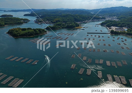 岡山県瀬戸内市邑久町虫明湾の牡蠣筏を俯瞰した空撮写真 岡山県瀬戸内市邑久町虫明湾の牡蠣筏を俯瞰した空撮写真 139899695