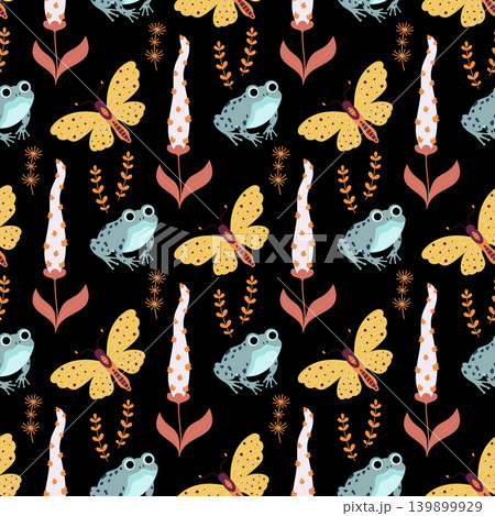 seamless pattern with frogs, butterflies and flowers on black seamless pattern with frogs, butterflies and flowers on black 139899929