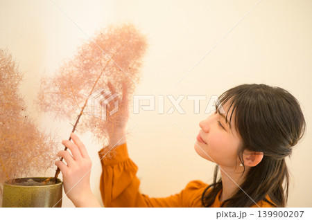 観葉植物を手入れする日本人女性 観葉植物を手入れする日本人女性 139900207