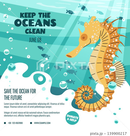 World Oceans Day Social Media Banner with Yellow Seahorse. Large Marine Creature Swimming Underwater with Fish and Bubbles. Keep the Oceans Clean Campaign. Donate and Help Nature. Flat Style Vector World Oceans Day Social Media Banner with Yellow Seahorse. Large Marine Creature Swimming Underwater with Fish and Bubbles. Keep the Oceans Clean Campaign. Donate and Help Nature. Flat Style Vector 139900217
