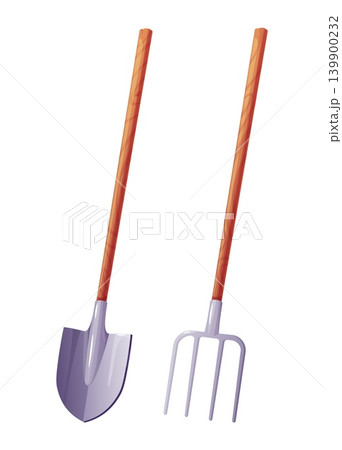 Garden Shovel and Pitchfork with Wooden Handle, Spring Gardening Tool Set Concept, Digging Equipment for Soil and Plants, Isolated Vector Illustration for Home Garden Garden Shovel and Pitchfork with Wooden Handle, Spring Gardening Tool Set Concept, Digging Equipment for Soil and Plants, Isolated Vector Illustration for Home Garden 139900232