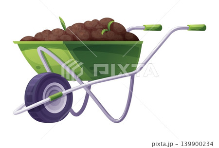 Green Garden Wheelbarrow Filled with Soil. Essential Equipment for Spring Gardening, Landscaping, and Farming. Heavy Duty Cart for Transporting Dirt, Compost, and Plants. Green Garden Wheelbarrow Filled with Soil. Essential Equipment for Spring Gardening, Landscaping, and Farming. Heavy Duty Cart for Transporting Dirt, Compost, and Plants. 139900234