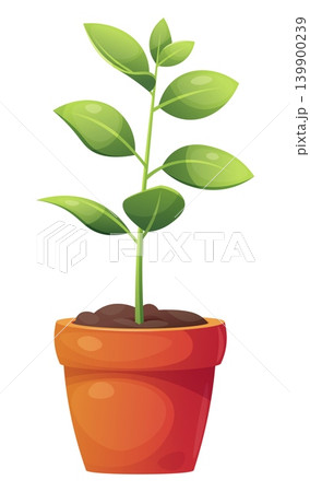 Young Green Plant in Terracotta Pot. Spring Gardening and Nature Concept, Fresh Leafy Sprout in Clay Flowerpot for Home Decor, Isolated Vector Illustration 139900239