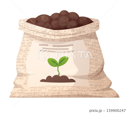 Burlap Bag of Soil with Green Sprout on Label. Spring Garden Planting Concept, Organic Compost Sack with Seedling for Home Garden, Isolated Vector Illustration Burlap Bag of Soil with Green Sprout on Label. Spring Garden Planting Concept, Organic Compost Sack with Seedling for Home Garden, Isolated Vector Illustration 139900247