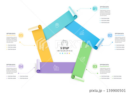 Modern infographic template with colorful paper roll elements, business icons. Can be use diagram, timeline, workflow and background 139900501