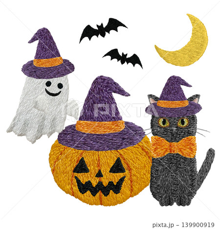 【オバケカボチャとコウモリとオバケと黒猫】手刺繍イラスト素材 139900919
