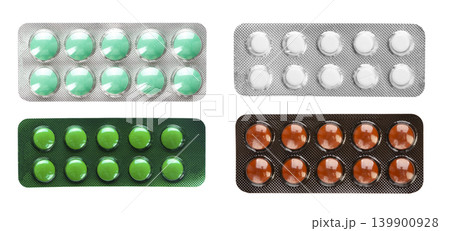 Set of various medical pills, tablets and capsules in blisters isolated on white background. Set of various medical pills, tablets and capsules in blisters isolated on white background. 139900928