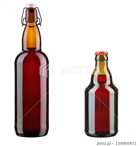 Two different brown glass beer bottles, tall swing top and small stubby bottle Two different brown glass beer bottles, tall swing top and small stubby bottle 139900931