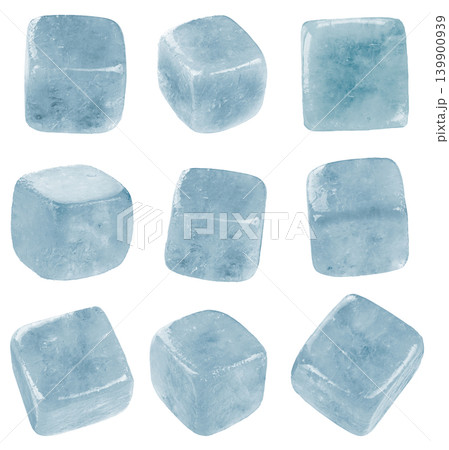 Blue ice cubes isolated on white background, frozen water cubes set, cold drink concept Blue ice cubes isolated on white background, frozen water cubes set, cold drink concept 139900939