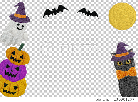 [Horizontal frame with a giant pumpkin, bat, ghost, and black cat] Hand-embroidered illustration material 139901277