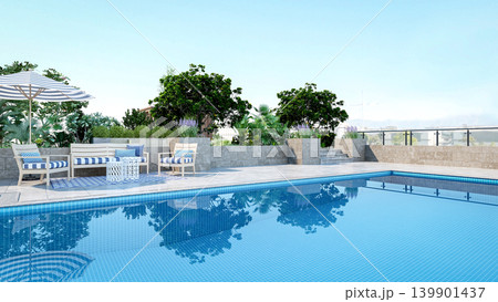 Luxury rooftop swimming pool with modern terrace lounge and city view, 3D Rendering Luxury rooftop swimming pool with modern terrace lounge and city view, 3D Rendering 139901437