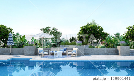 Luxury rooftop swimming pool with modern terrace lounge and city view, 3D Rendering 139901441