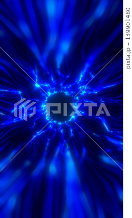 Intense blue electric vortex around a dark center, creating a dramatic sci-fi energy portal with lightning lines and motion streaks 139901480