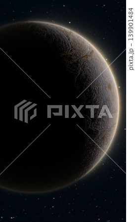 Dramatic planet with rocky surface and glowing rim light in starry outer space, cinematic sci-fi scene 139901484