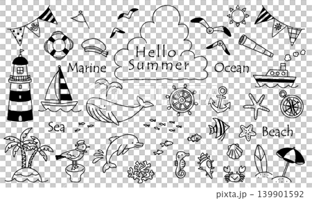 Marine-themed illustration set, hand-drawn line art, monochrome. Marine-themed illustration set, hand-drawn line art, monochrome. 139901592