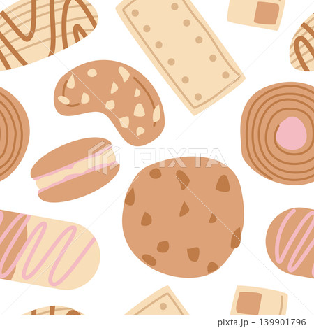 Sweet Cookie Seamless Pattern with Cute Flat Vector Biscuits on White Background Sweet Cookie Seamless Pattern with Cute Flat Vector Biscuits on White Background 139901796